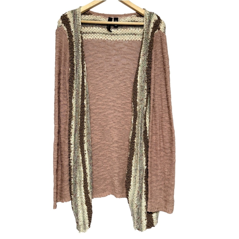 BKE Boutique Cardigan Sweater Womens L Pink Cotton Boho Open Front Mixed Knit